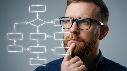 Obraz premium A pensive man using logical thinking and structured reasoning to analyze information.