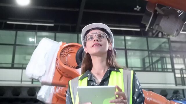 Engineer using tablet in a robotics facility with focus on innovation and technology