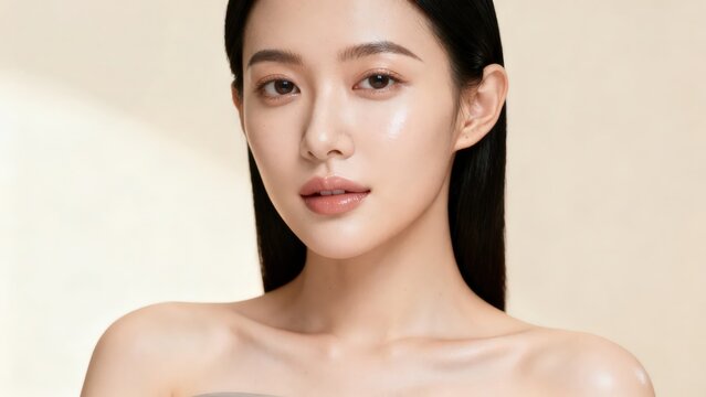 Serene asian woman with flawless glowing skin posing for a skin care ad in a soft neutral studio.