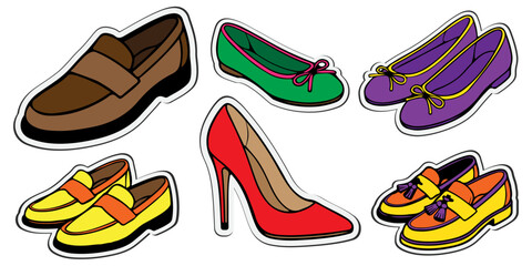 Fototapeta premium Pop art sticker set with elegant and casual footwear. Colorful vector icons of loafers, high heel pumps, and ballet flats, isolated.