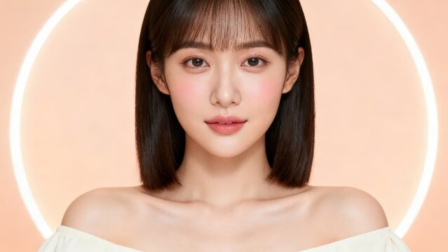 Serene asian woman posing for a skincare ad with a glowing ring light in a soft studio portrait.