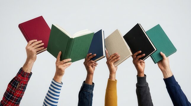 Diverse hands holding colorful books up against a plain background.