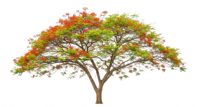 Royal poinciana tree with vibrant orange-red flowers and green feathery foliage isolated against a solid black background