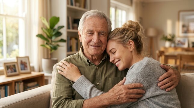 An elderly man and young woman sharing a loving hug at home.