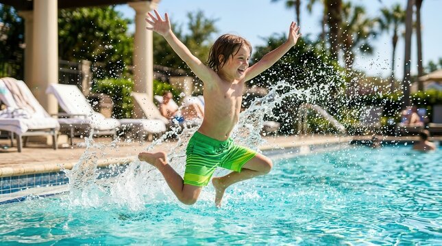 A happy kid jumping into a swimming pool during a summer holiday.