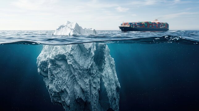 A massive iceberg floats near a cargo ship, symbolizing hidden risks and unseen challenges beneath the ocean surface.