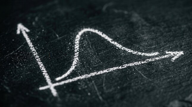 Hand-drawn statistical distribution curve on a black chalkboard texture.