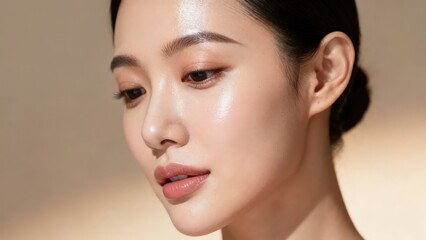 Obraz premium Close-up of an elegant asian woman with glowing flawless skin in a warm studio beauty portrait.