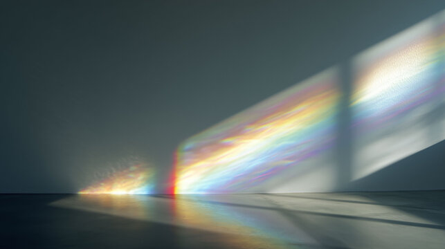 Bright rainbow prism light leak reflection on empty white wall