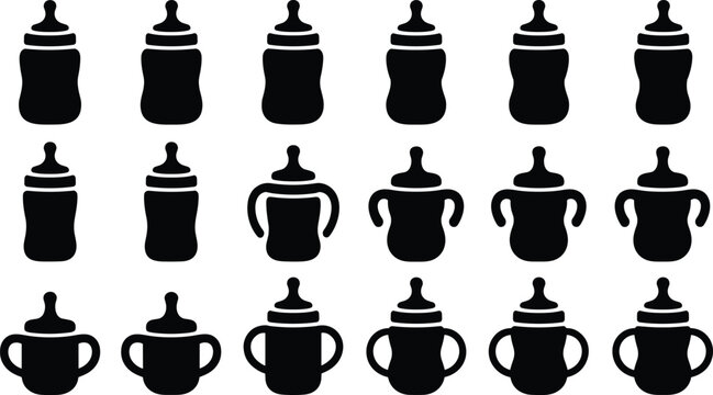 Black Silhouette Baby Feeding Bottle and Sippy Cup Icon Set with Different Styles for Infant and Nursery Design Elements
