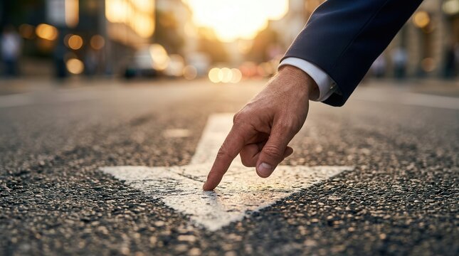 A businessman's hand pointing at a strategic direction arrow on asphalt to drive progress.