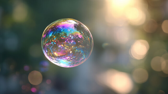 Colorful soap bubble floating in nature with golden bokeh background