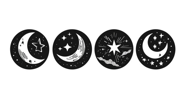 Four circular illustrations depicting celestial elements like stars, moons, and constellations in white and black