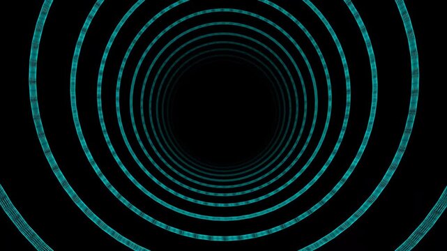 Animated motion graphics of turquoise concentric circles forming a tunnel or portal effect, with a dark void at its center, suggesting depth and movement.