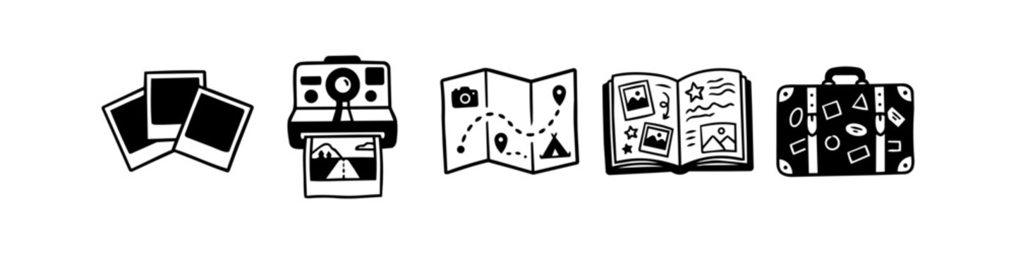 Hand-drawn vector icons of trophies and stars, symbolizing success, achievement, and victory in a doodle sketch style on a white background.