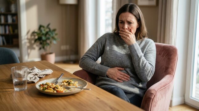 Woman experiencing bloating and stomach pain after eating a meal
