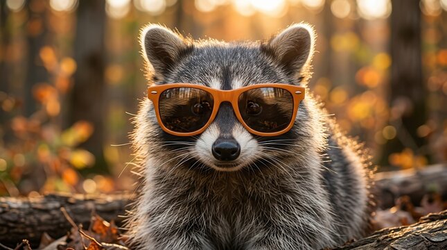 A humorous close up of a raccoon wearing stylish orange sunglasses.