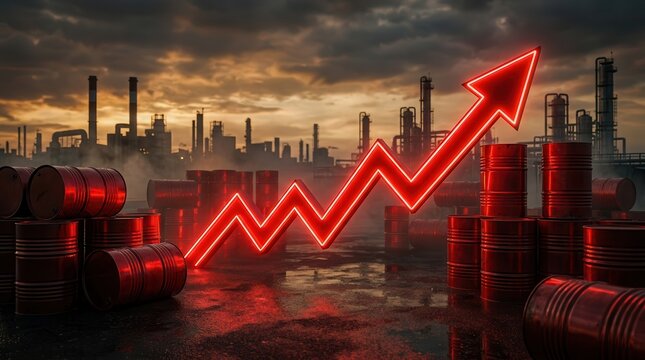 Rising oil prices symbolized by a red arrow soaring above oil drum silhouettes and city skyline.