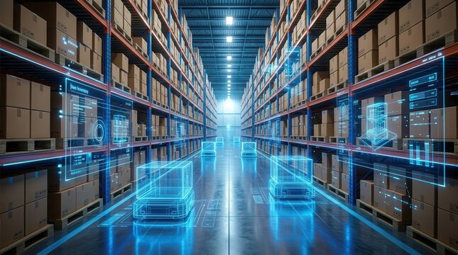 Smart warehouse managing inventory with digital data overlay and autonomous robots.
