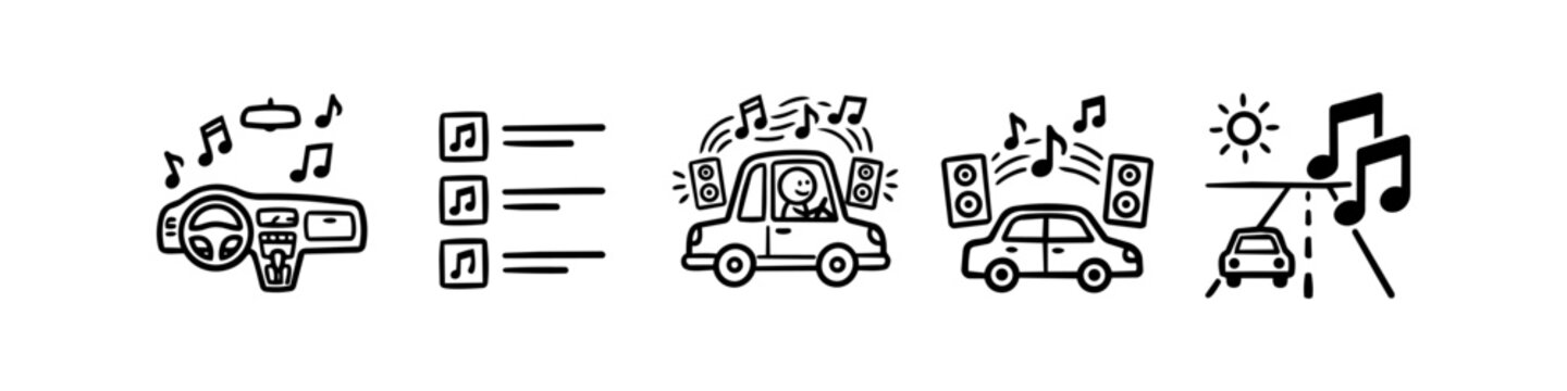Set of hand-drawn construction safety helmet icons including hard hats with earmuffs, headlamps, visors, and tools. Minimalist black and white doodle illustrations for industrial safety.
