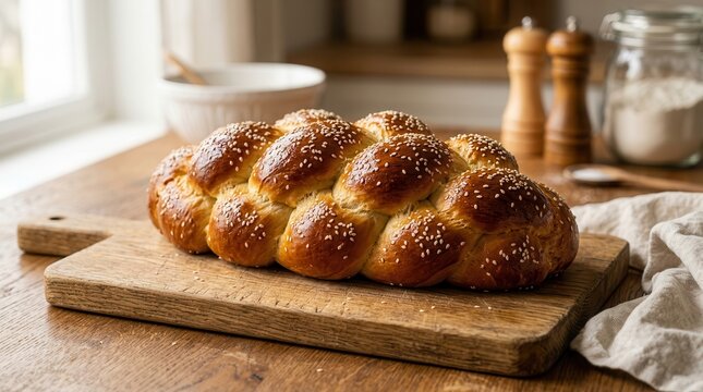Freshly baked braided challah bread with sesame seeds on a wooden cutting board.