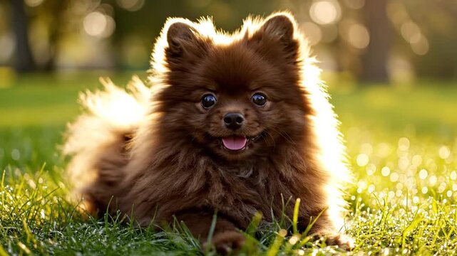 Brown Pomeranian Dog Lying On Green Grass In Park With Golden Sunset Backlight Looking At Camera And Smiling
