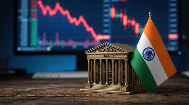 A miniature bank model next to the Indian flag against a downward trend graph.