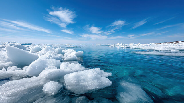 Chunks of ice float on a turquoise sea beneath a bright blue sky. A beautiful scene of ice and water