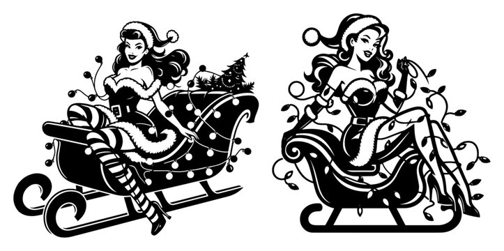 Sexy Pin-up Santa Girl in Sleigh with Christmas Lights, Vintage Retro Style Holiday Woman Vector Illustration for Xmas Decor