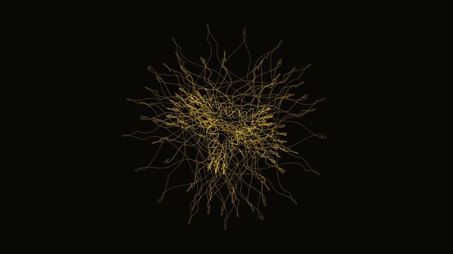 A golden, intricate, abstract line animation emanates from the center with a radiating, organic, fractal-like motion on a black background.