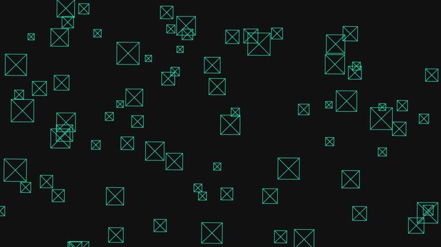 Animated motion graphics clip featuring numerous teal wireframe squares with diagonal cross lines, floating on a black background.