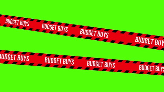 Budget Buys Barrier Tape: Red barrier tape with Budget Buys message on a vibrant green background, emphasizing a focus on affordability and value.