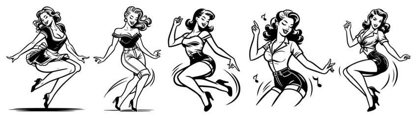 Fototapeta premium Retro Pin-up Girl Dancing Poses Set, Vintage Style Woman in High Waist Shorts Moving to Music Illustration Vector