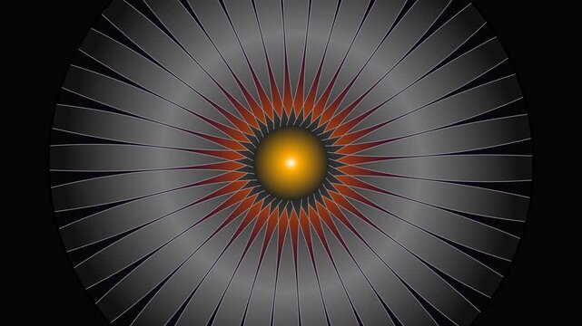 A mesmerizing radial motion background animation featuring a central glowing orb surrounded by expanding metallic petals and dark, sharp edges.