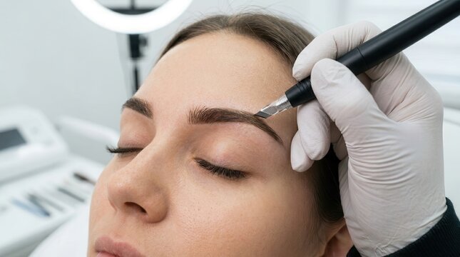Professional hand performing a cosmetic microblading procedure on a woman