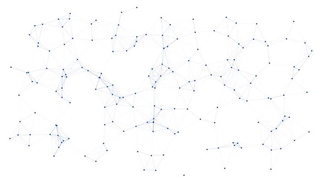 This abstract motion background features a connected network of blue dots and lines, forming an intricate, evolving web structure.
