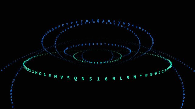 Abstract digital motion graphics featuring orbiting rings of alphanumeric characters and symbols on a black background.