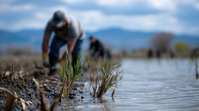 People working on a field, planting some plants. With blurred background of nature landscape, capturing the essence of agricultural labor and the beauty of nature