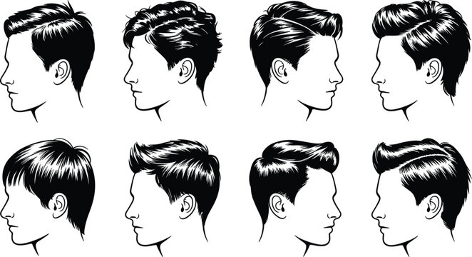 Black and White Men Hairstyle Side Profile Icon Set with Different Classic and Modern Haircuts for Barber and Salon Design