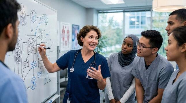 Woman doctor teaching group of medical student about biology at white board. Team working in hospital room. Professional healthcare education, training concept, learning medical science.