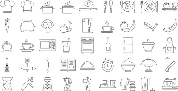 Collection of black and white line for cooking and kitchen food