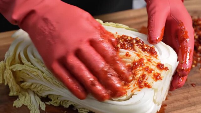 Hands in red gloves applying red sauce to a large head of cabbage on a cutting board