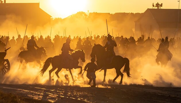 Historical reenactment of a cavalry charge at sunset, kicking up dust and smoke, bathed in warm golden light, conveying epic battle atmosphere