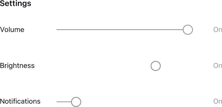 Digital interface settings menu displaying interactive volume brightness and notification slider bars for mobile application user experience and software control panels