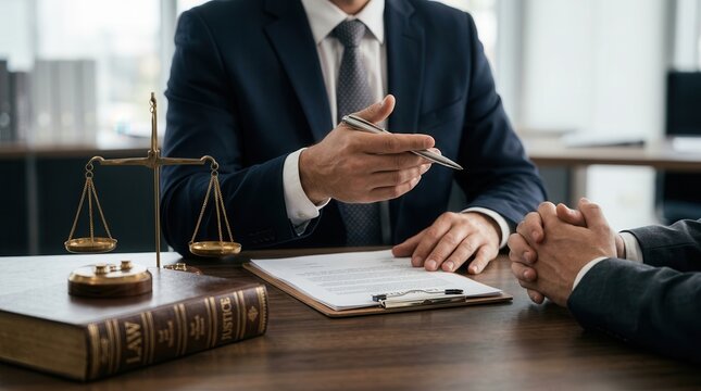 Professional lawyer having a legal discussion at the table with a client.