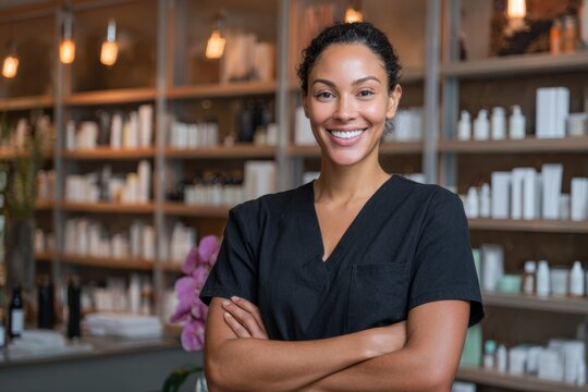 A portrait of an diverse attractive young hispanic woman in black scrubs, standing with her arms crossed and smiling at the camera while working as a beauty technician in spa salon. Customer service.