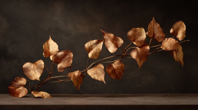 Autumn vine branch, leaves golden brown, copy space above and below. laid horizontally in a studio, imagined as a jewelry showcase, refined earthy tones, luxury fine jewelry atmosphere