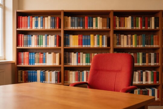 Library study area with bookshelves and chair