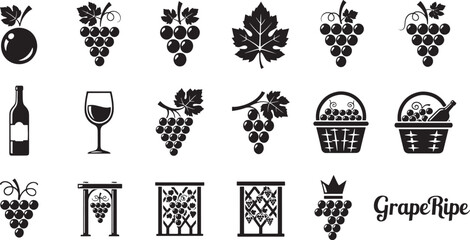 Fototapeta premium Collection of black grape and wine including bunches leaves bottle glass baskets and text symbol harvest