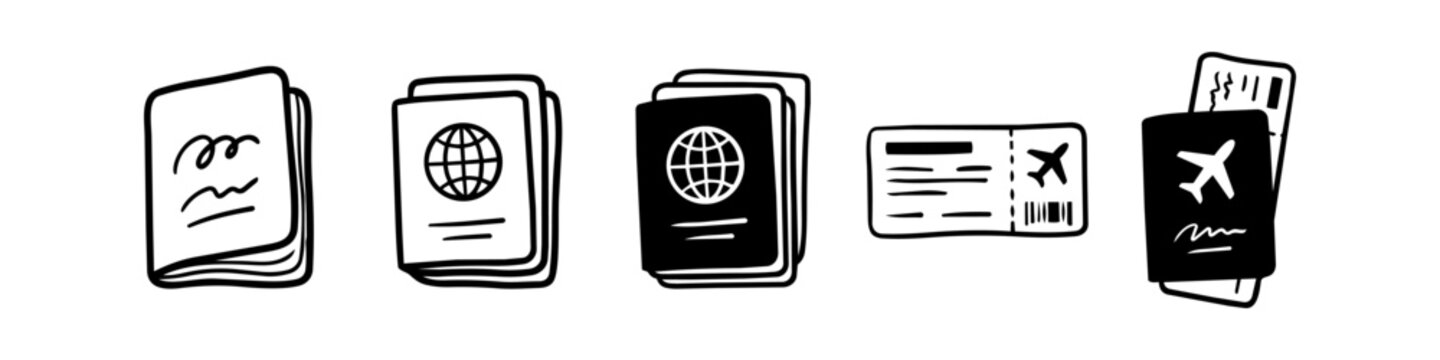 Hand-drawn vector set of travel icons including passports and boarding passes. Minimalist doodle style illustrations for tourism, vacation, and international flight concepts.